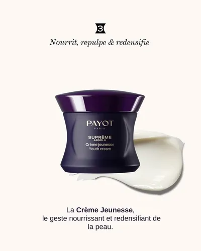 3 ÉTAPES CLÉS POUR UNE JEUNESSE ABSOLUE ✨
1️⃣ Repulper & lisser avec l’Infusion Microperlée Suprême Absolu : sa texture aux 14 000 microperles hydrate, réveille et prépare la peau. 
 2️⃣ Lisser & illuminer le regard avec la Crème Yeux Jeunesse : le contour des yeux s’éclaire, les signes de fatigue s’estompent. 
 3️⃣ Nourrir, repulper & redensifier avec la Crème Jeunesse : un cocon d’exception qui révèle l’éclat et redonne force et fermeté à la peau. 
Un rituel simple, sensoriel et puissant pour une peau plus lisse, plus ferme, plus lumineuse… dès 10 jours.         
 #instiutdebeauté #beauty #thionville #metz #jeunesse 
#SupremeAbsolu #YouthRitual #PlumpAndSmooth #GlowUp #TimelessSkin #RadiantEyes #YouthfulSkin #SkincareInnovation #Payot #PayotOfficial